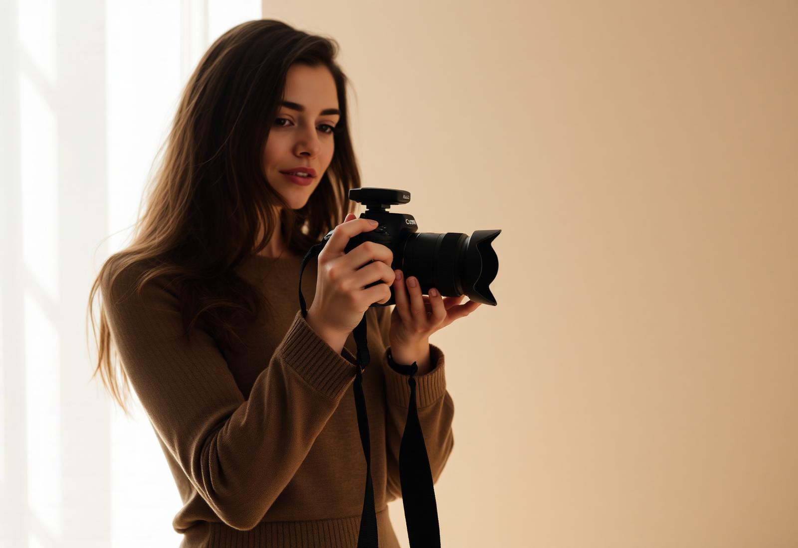 Photographe tenant un appareil photo dans une pièce baignée de lumière naturelle